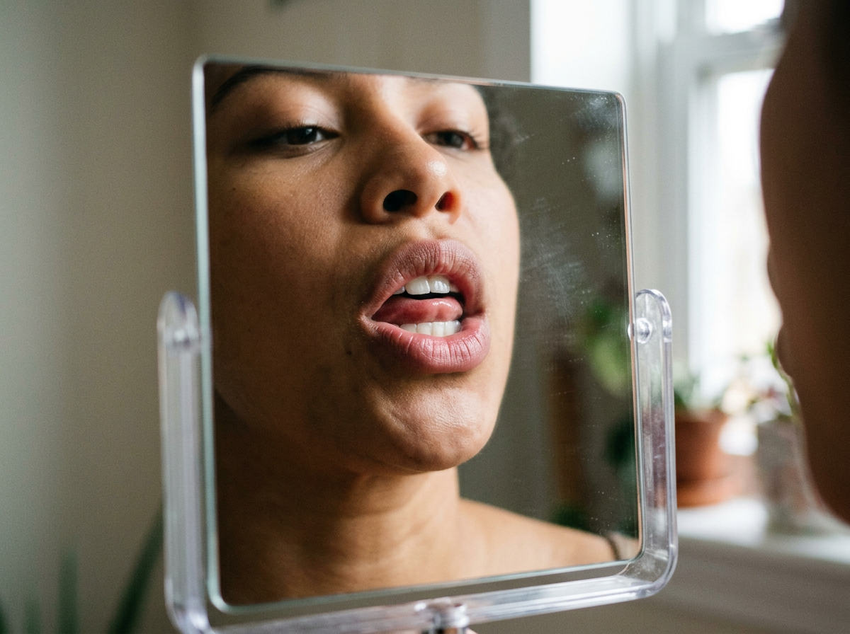 Close-up of mouth positioning to control bird-call tone quality (timbre).