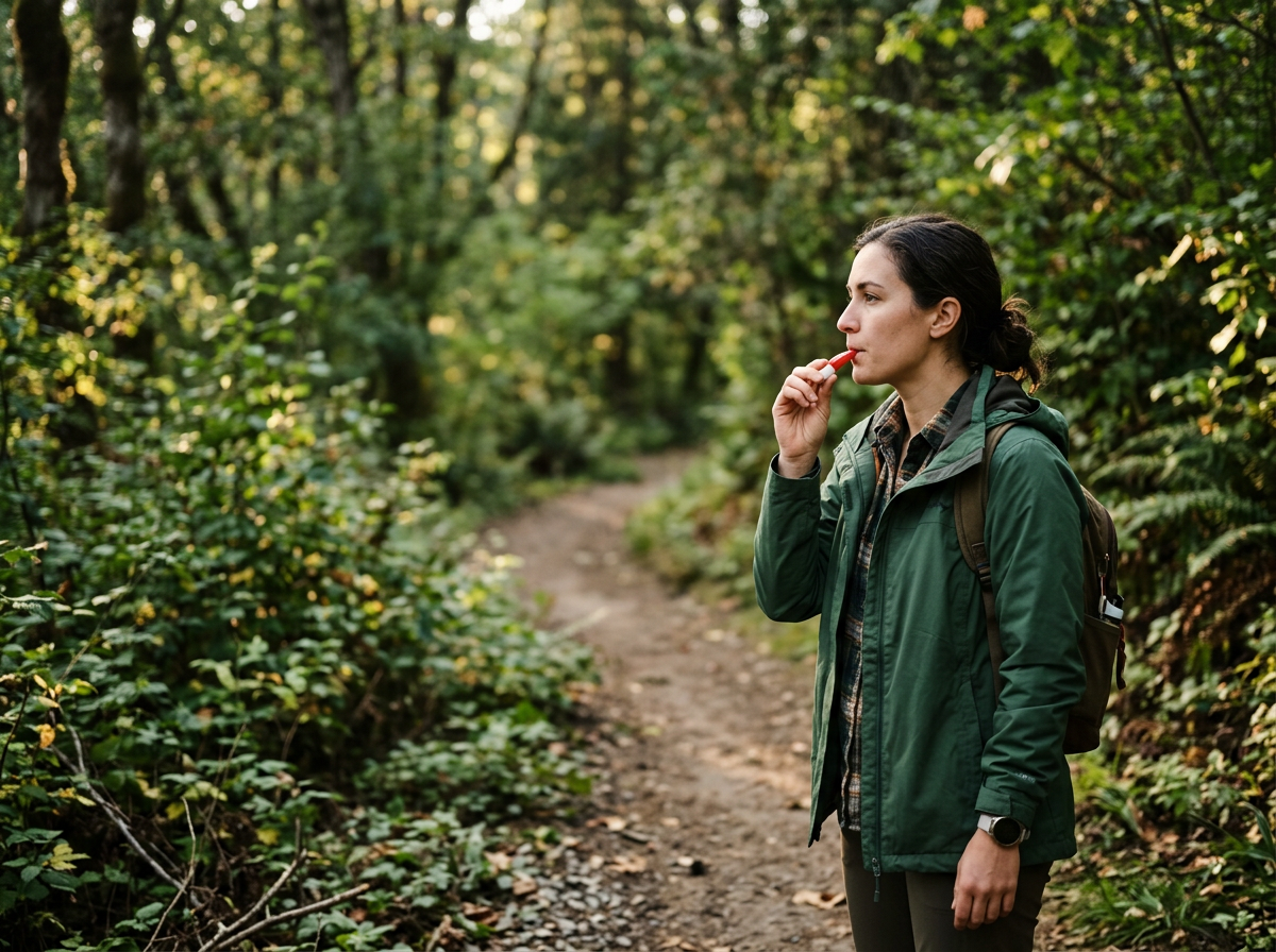 Beginner holding a pee-wee whistle before practicing a bird call outdoors.