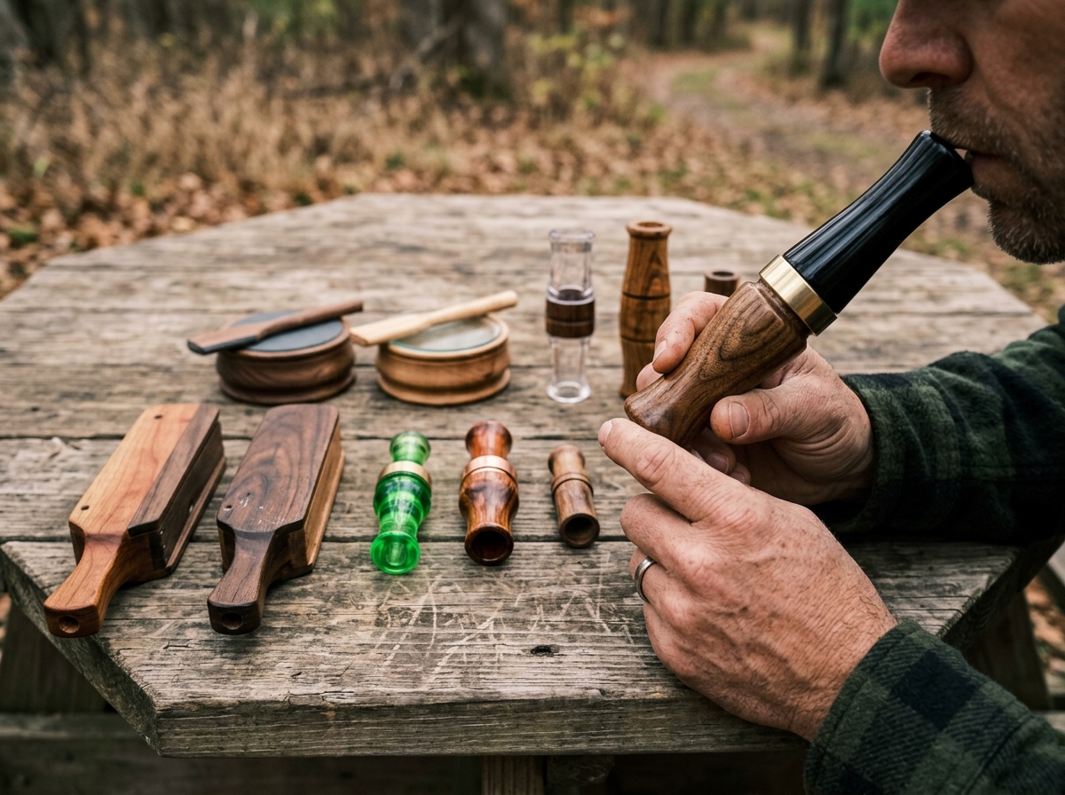 Wooden and acrylic call devices laid out for species-specific bird calling practice.
