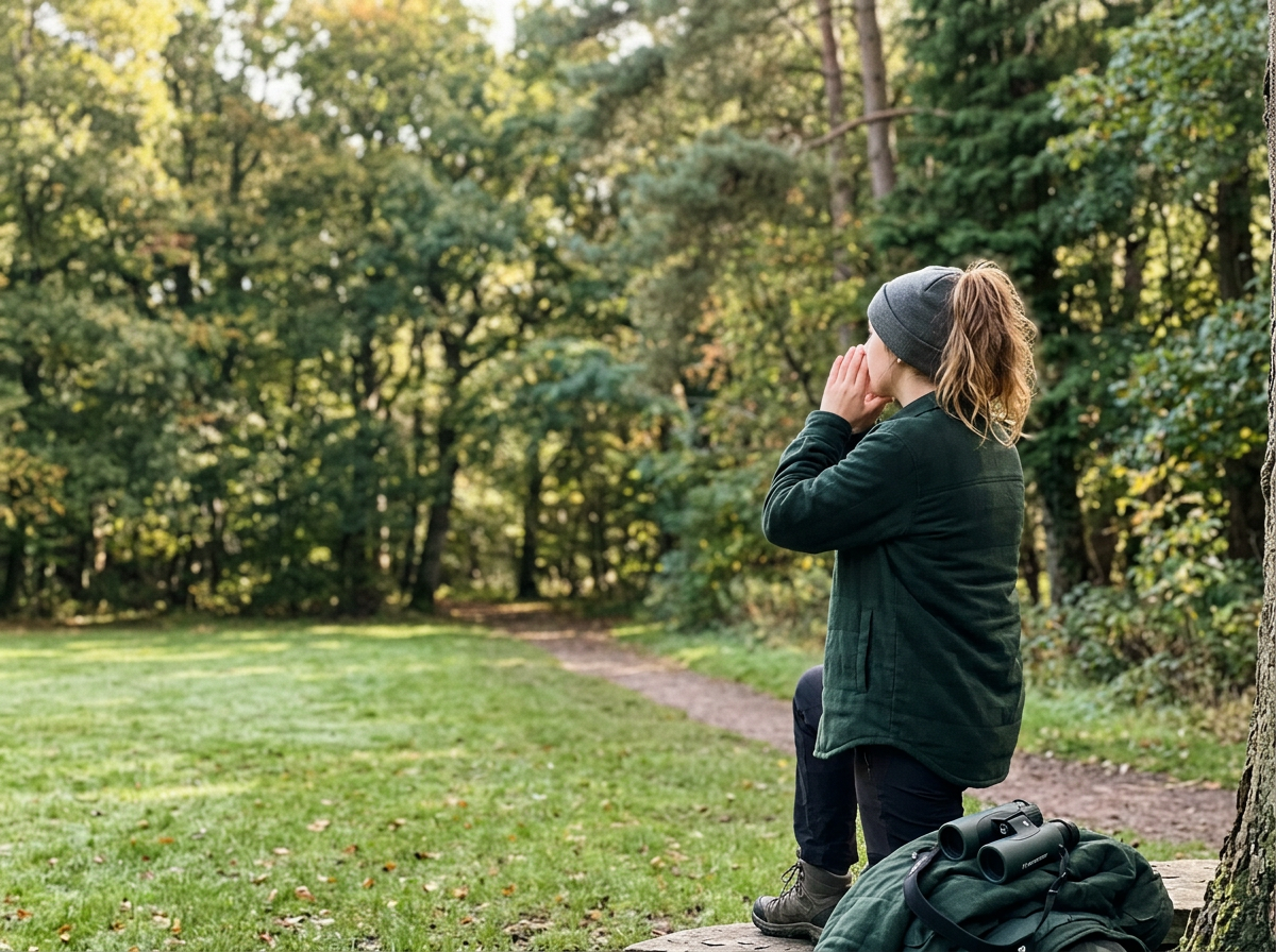 Person practicing bird calls outdoors, pausing to listen during weekly field practice.