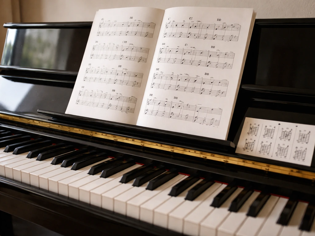 Close-up of a piano keyboard with sheet music and chord cards on the stand, ready to play Free as a Bird.
