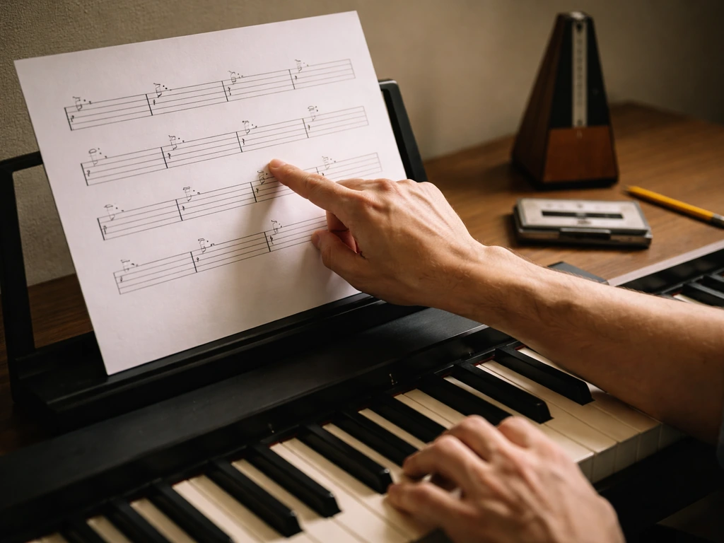 Close-up of hands reviewing piano chords on a music stand next to a cassette, minimal and realistic.