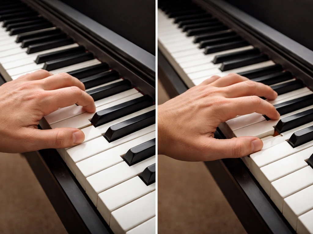 Close-up of a piano keyboard with two different left-hand chord patterns in G major playing positions