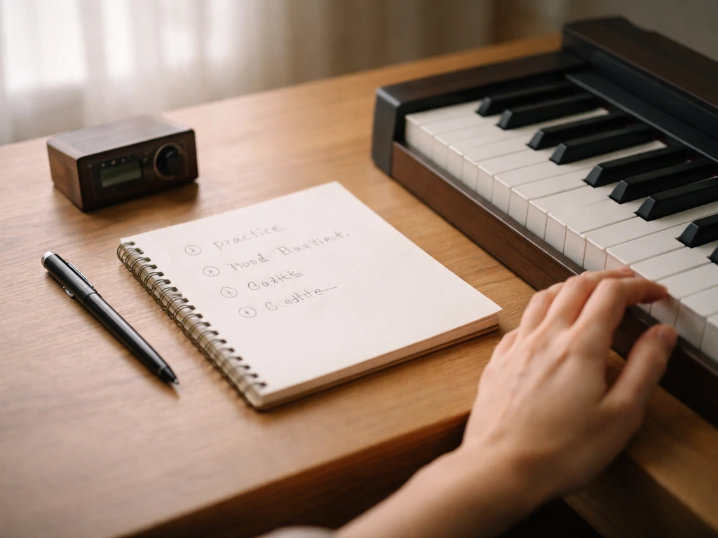Warm-up-to-cooldown practice plan on a notepad beside a piano keyboard, with a hand near the keys.