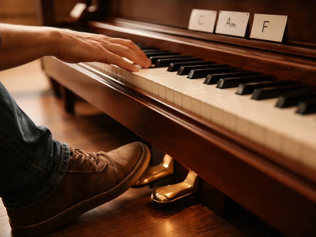 Close-up of a piano sustain pedal being pressed at chord changes, warm playing moment.