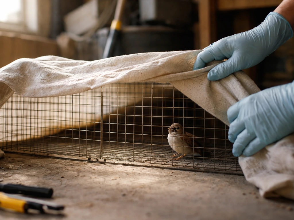 Gloved hands gently uncover a small sparrow inside a cluttered garage-like enclosure, safely revealing the bird.