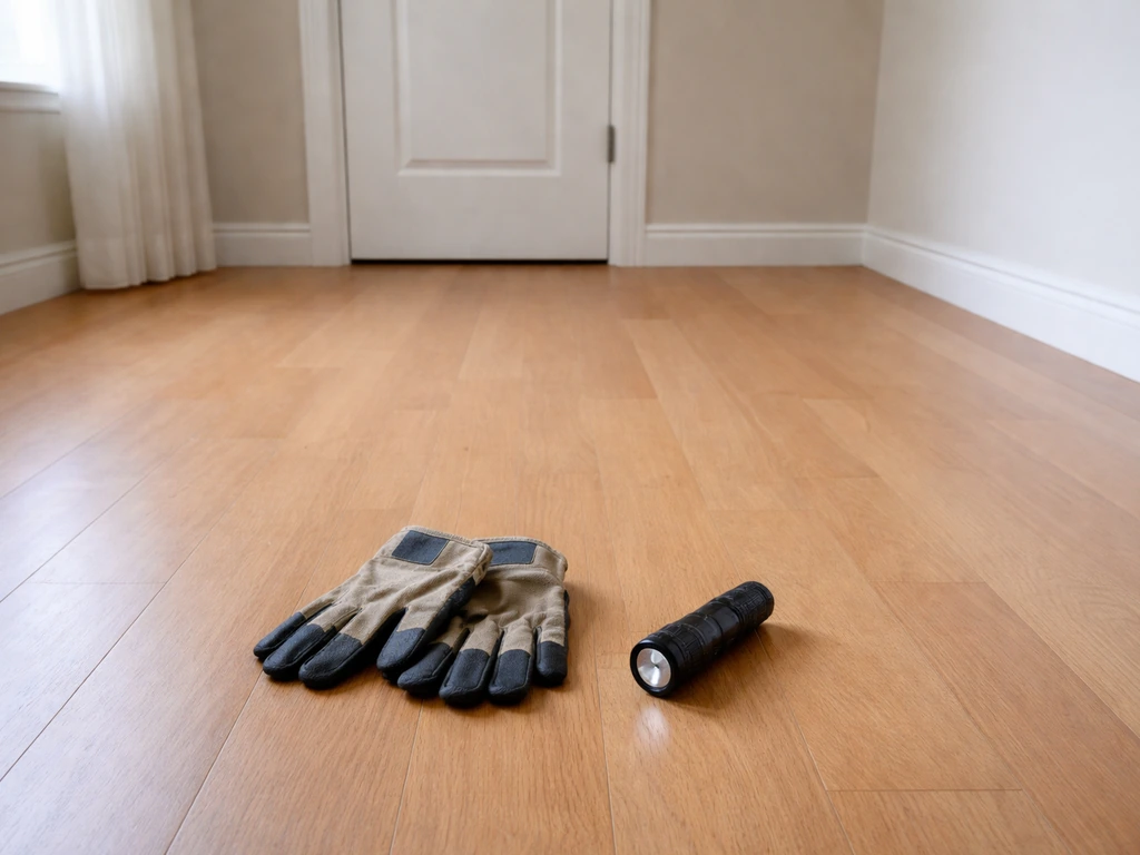 Gloves and a flashlight laid out on a cleared floor, with a closed door behind to prevent escape.