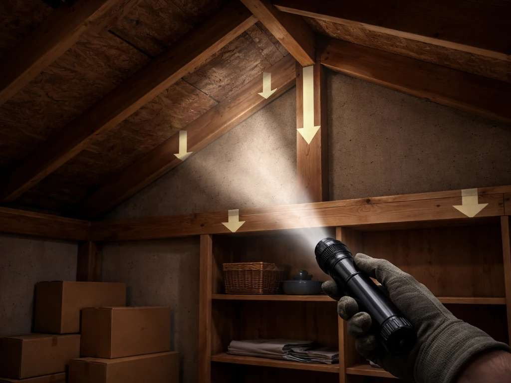 Flashlight scanning upward into attic rafters, with arrows on beams showing a downward sweep path.