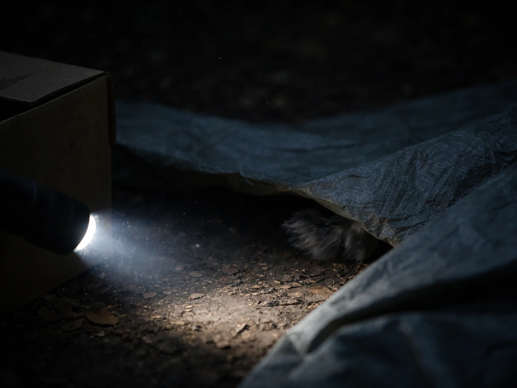Flashlight beam catching subtle movement behind a partially open tarp and box