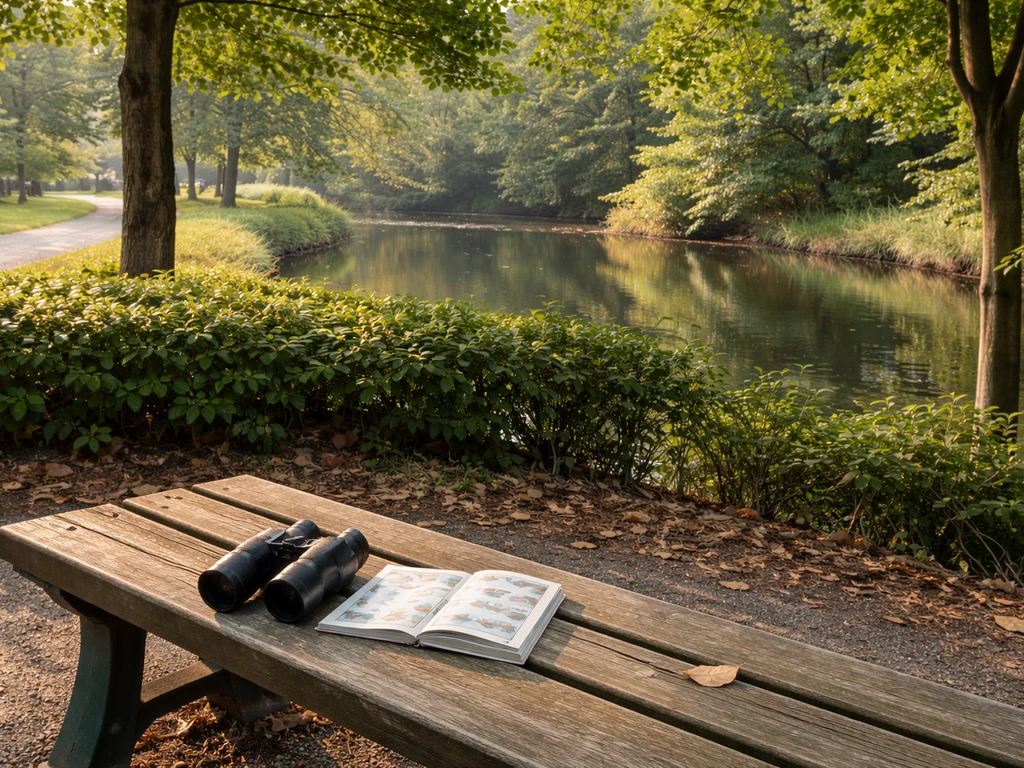 Binoculars on a quiet park bench by hedges and small open water, showing easy bird habitat variety.