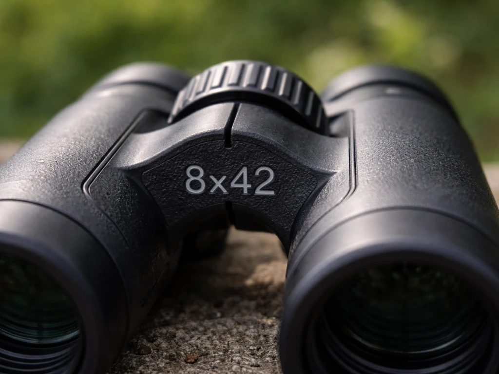 Close-up of binoculars with the magnification and objective size numbers emphasized on the body