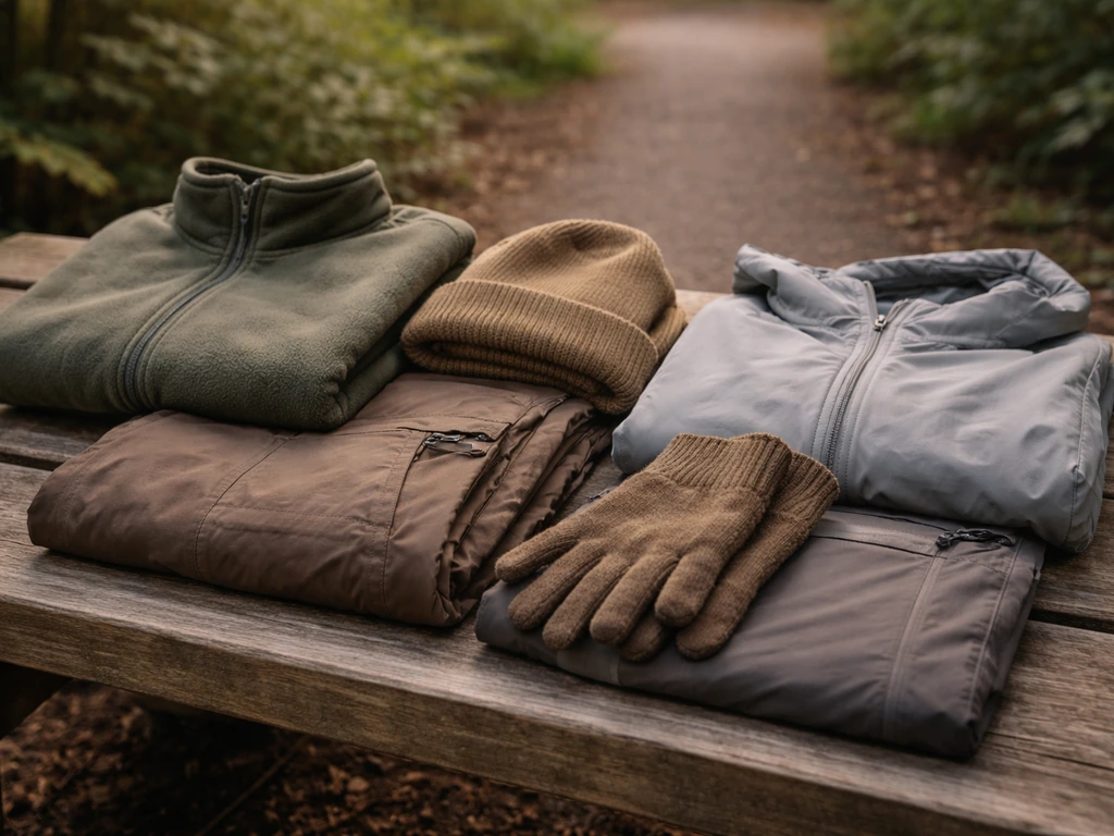 Earth-tone birding layers laid on a wooden bench in muted greens, tans, browns, and gray.