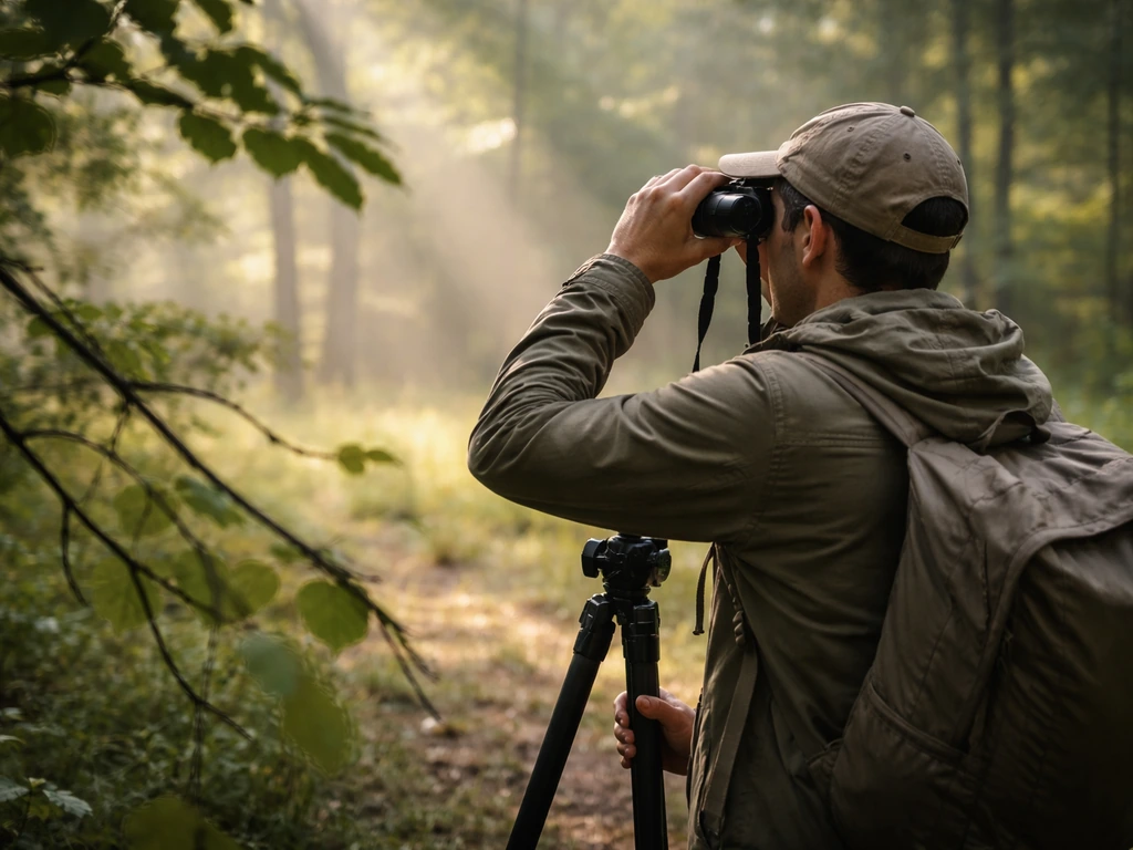 Naturalist in a forest scanning the area with binoculars while branches sway in the foreground