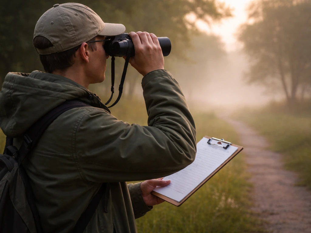 Early morning bird counter with binoculars and a blank checklist in a quiet outdoor park
