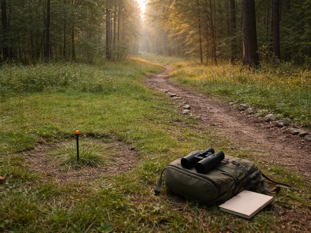 Natural birdwatching field with a marked point and a visible walking route for counting methods