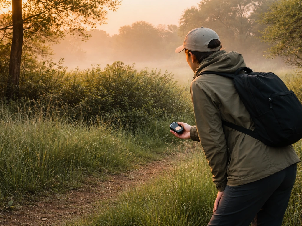 Early-morning bird-counting scene at sunrise: a person observing from a quiet backyard spot with a wrist timer.