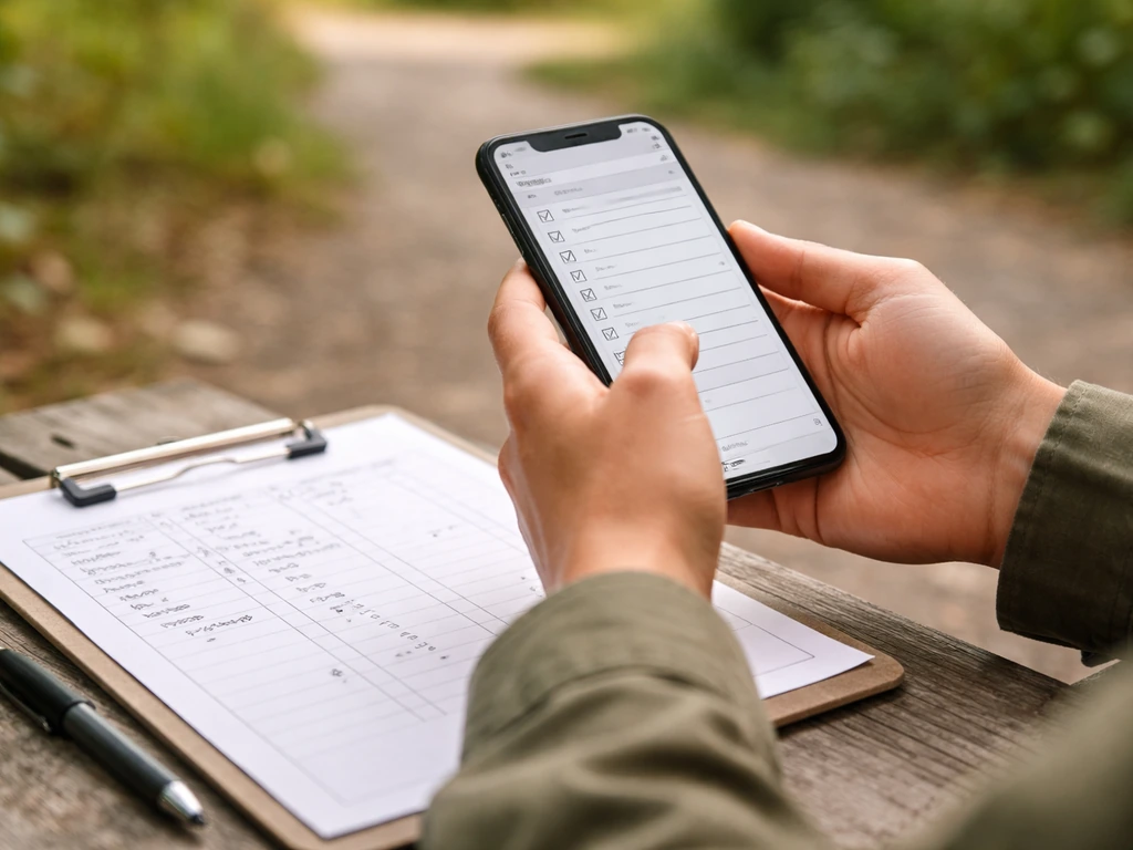 Hands holding a phone showing a generic checklist submission form beside a handwritten bird count tally sheet.