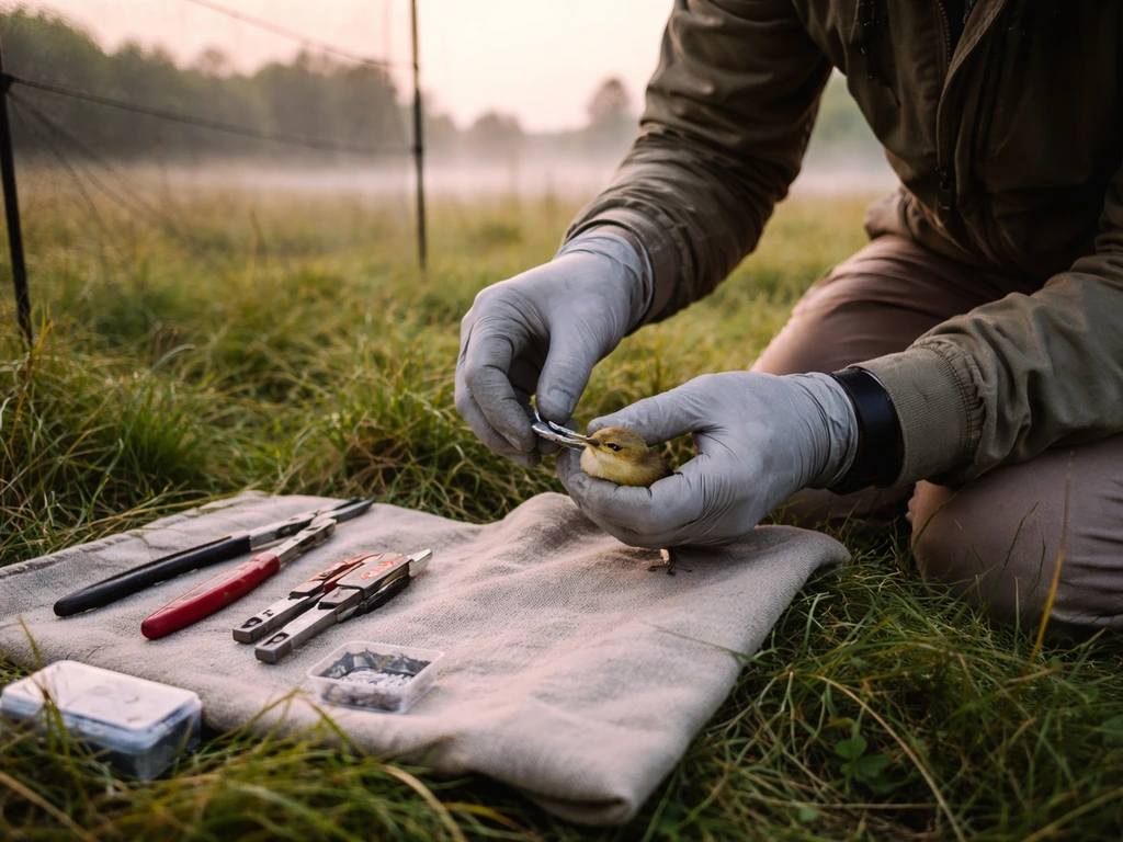Gloved wildlife handler gently banding a small songbird in a meadow near a mist net at dawn.