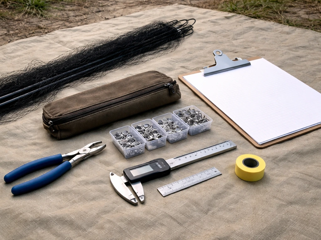Field banding kit laid out on a tarp with mist net, pliers, calipers, and blank clipboard.