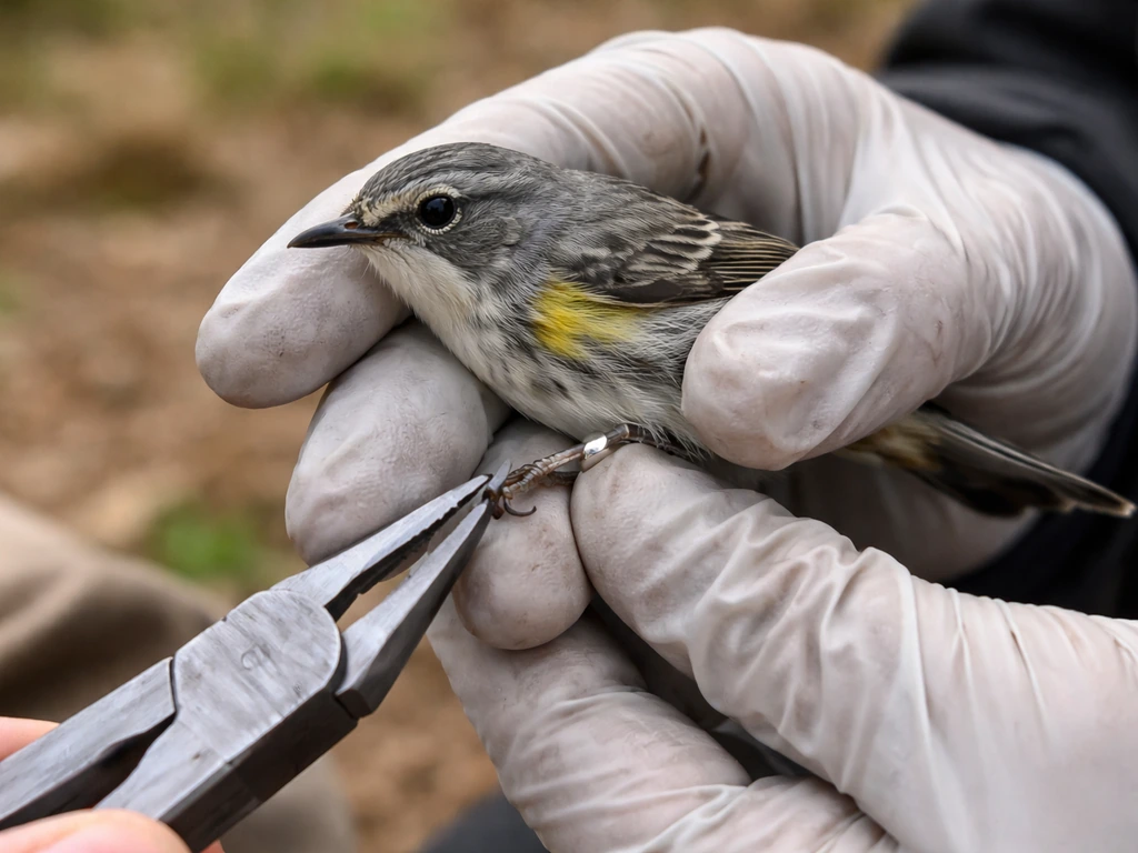 Gloved hands safely band a small songbird, with the leg held steady during the banding moment.