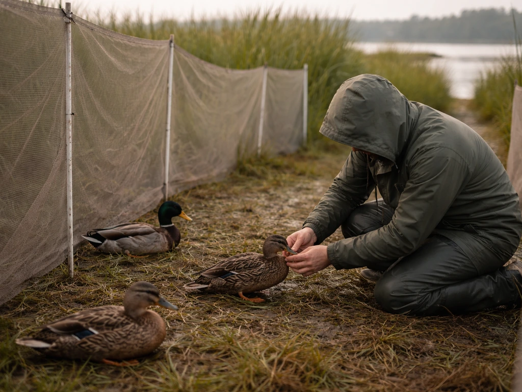 Handler kneeling in a marsh capture enclosure gently banding a duck during summer molt period.