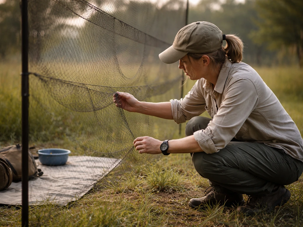 Handler crouches beside a mist net, checking it promptly with safe, steady posture; no bird visible.