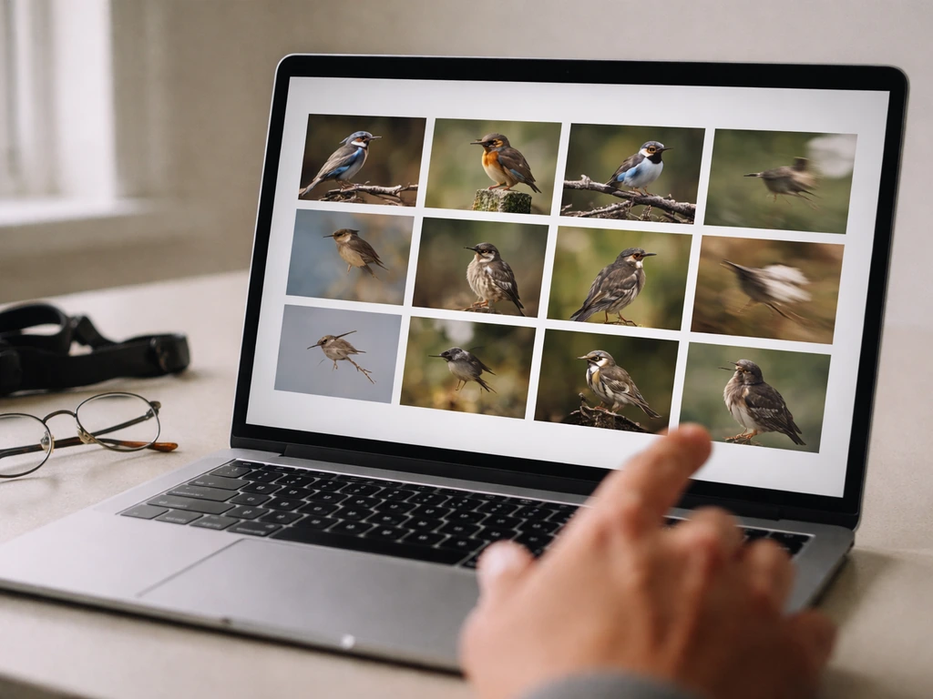 Laptop shows a grid of bird photos with sharp keepers and motion-blurred rejects; hand hovering to choose.