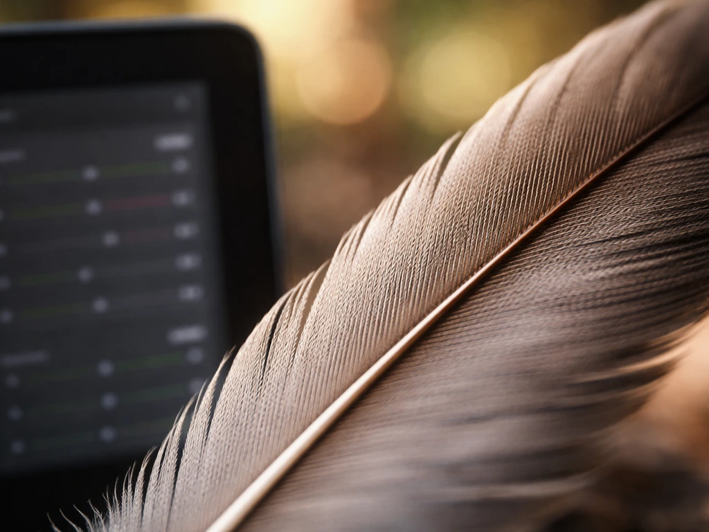 Close-up bird feather with crisp texture and a blurred photo editor panel hinting sharpening vs noise reduction.