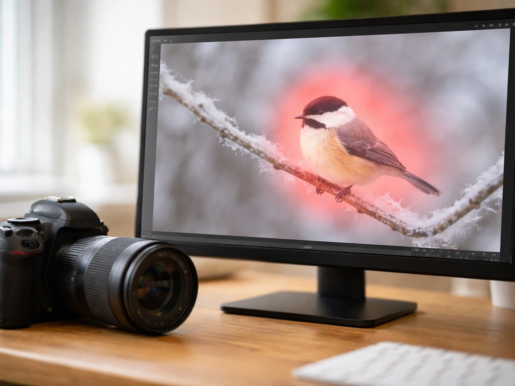 Camera and monitor showing a semi-transparent mask overlay isolating a bird from its background