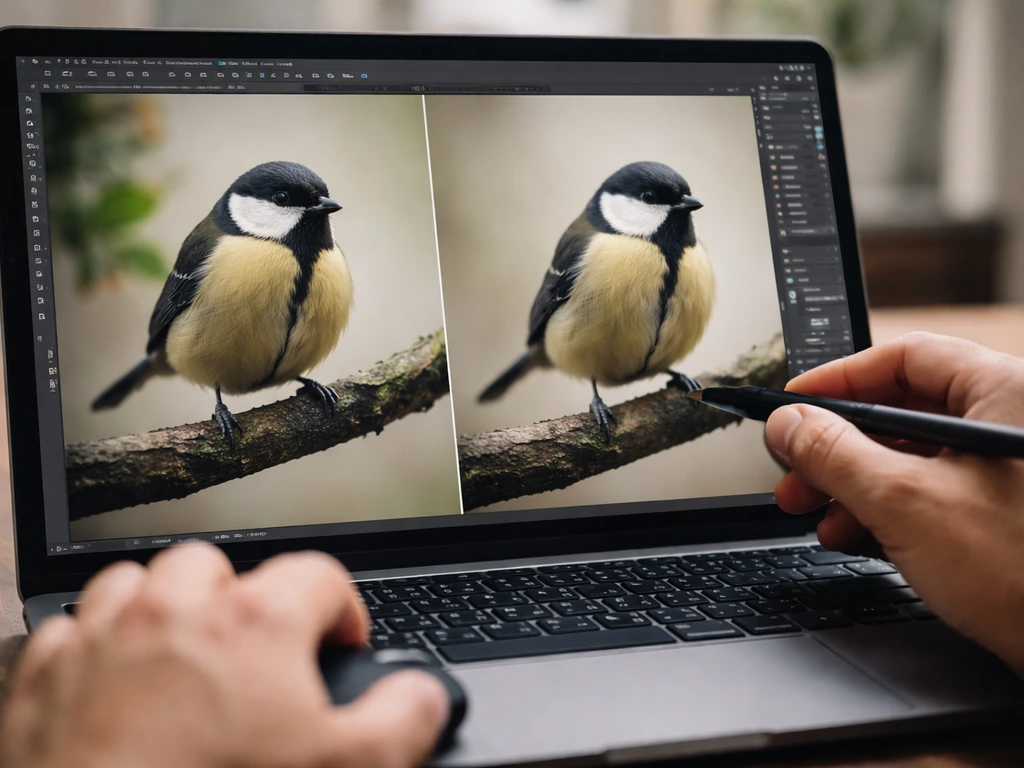 Close-up of bird photo edit in Photoshop with a clean branch background after healing