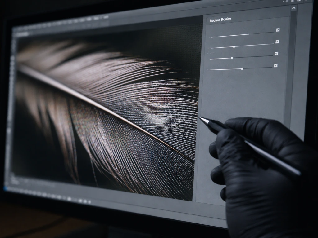 Gloved hand using stylus on a monitor showing feather sharpening controls including a reduce-noise slider area.