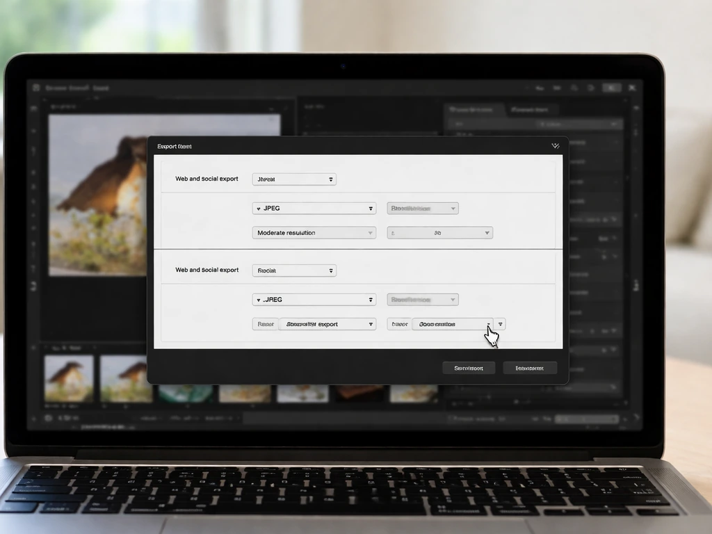 Close-up of a laptop showing a Lightroom export dialog with photo settings for web and print