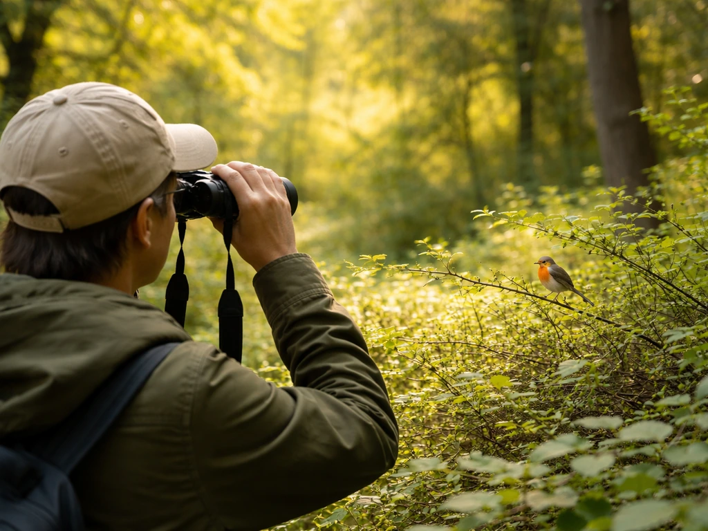 Beginner birdwatcher in a park with binoculars observing a small woodland bird near shrubs
