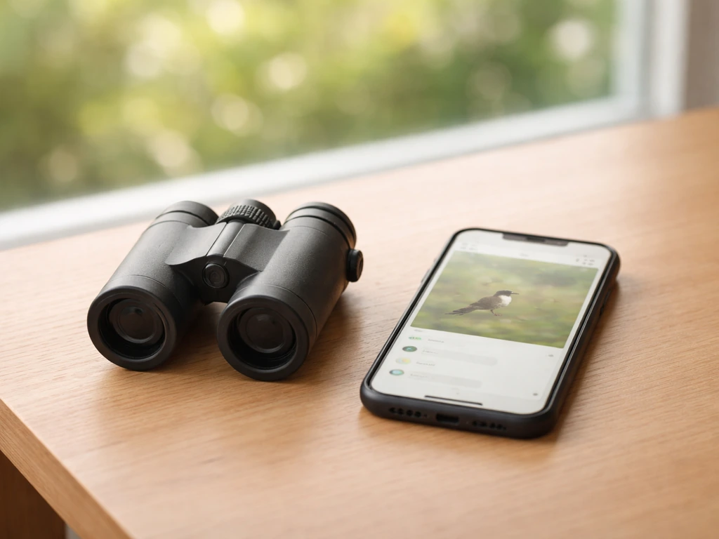 Compact binoculars and a smartphone with a birding app on a simple surface in natural light