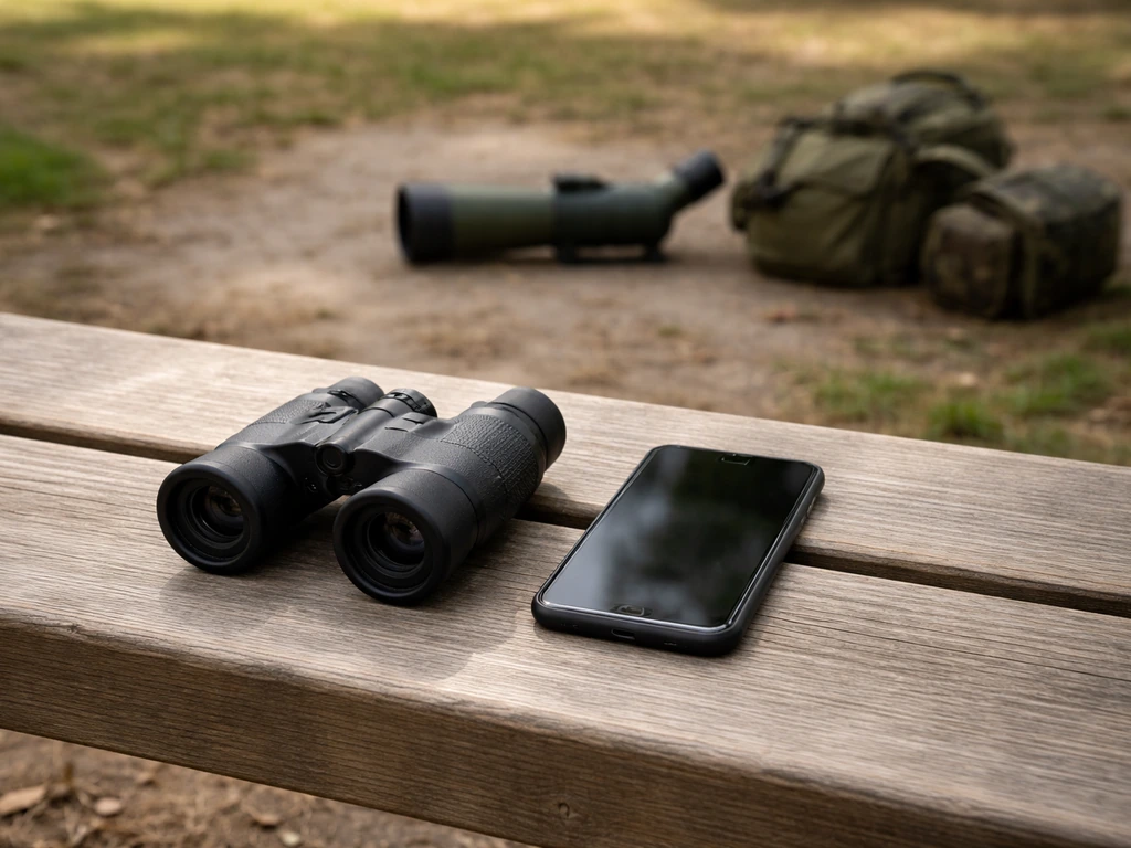 Binoculars and a phone on a park bench with a spotting scope pushed aside in the background