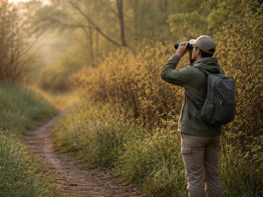 Beginner pauses at a trail edge scanning shrubs with binoculars in morning woodland light.