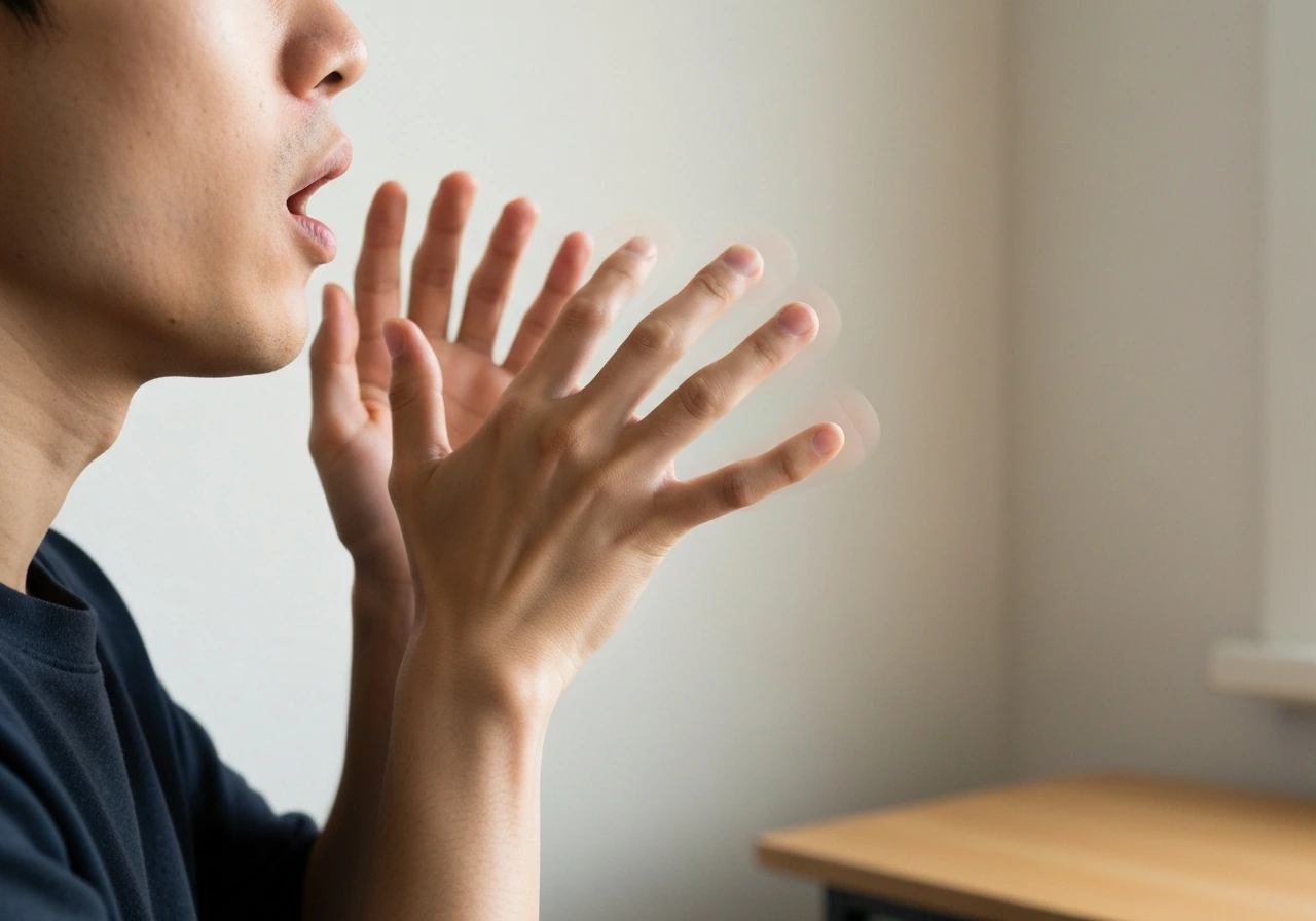 Close-up of an anonymous person practicing a bird call with lips shaped and hands poised in a hand-call gesture