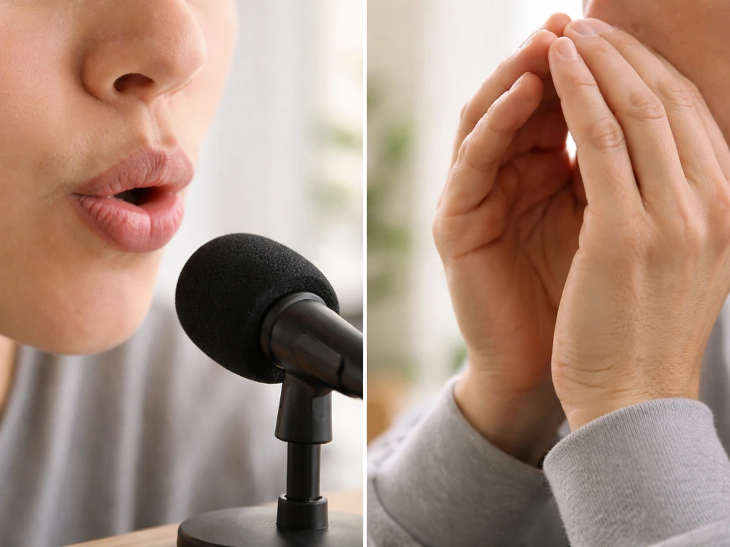 Split-style photo of a person’s mouth near a microphone vs hands forming a bird-call shape in a quiet room