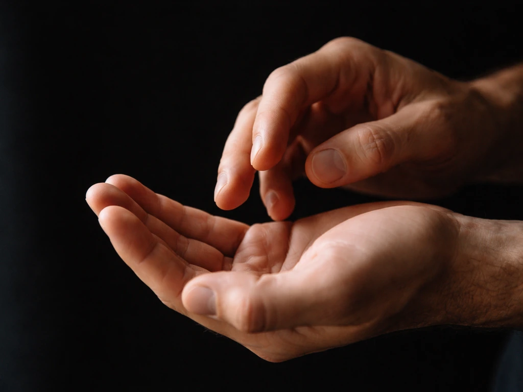 Close-up of two hands forming a hand-call posture against a simple dark background