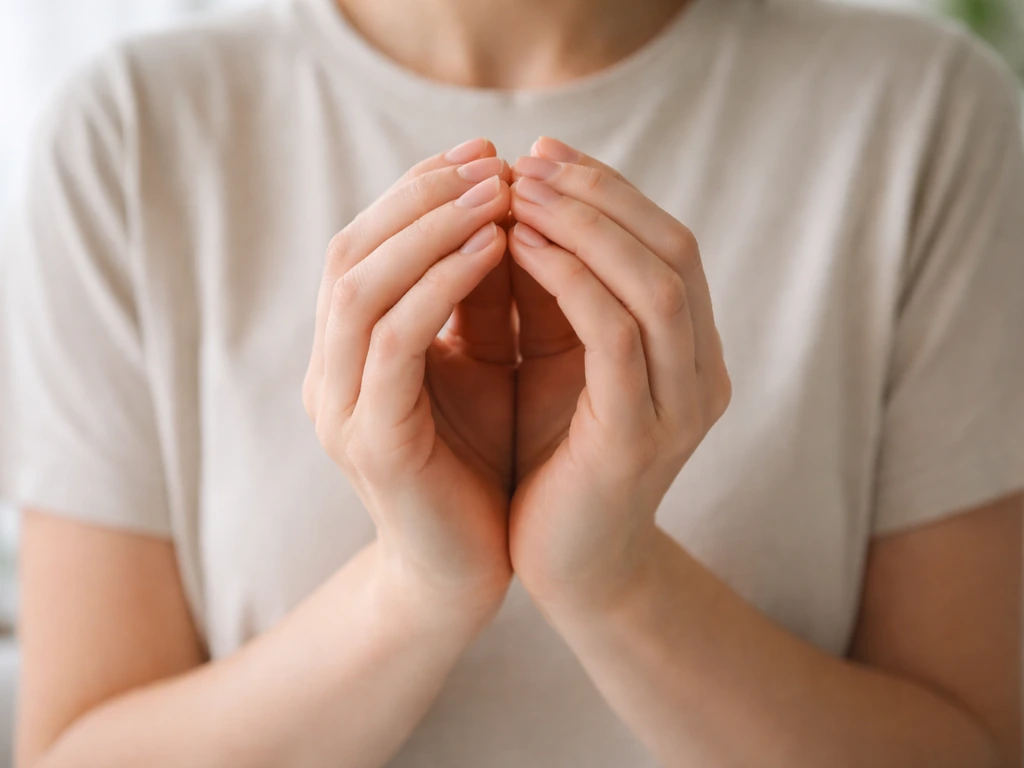 Cupped interlaced hands at chest level with a small hollow chamber between thumbs.
