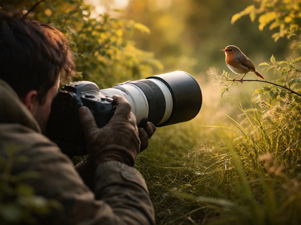 Photographer outdoors photographing a small songbird perched near greenery with a long telephoto lens