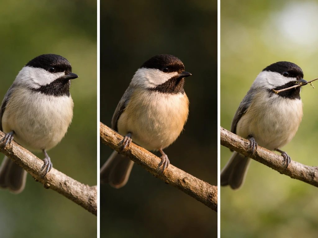 Three minimal side-by-side bird photos showing sharp eye, proper subject light, and a simple story.