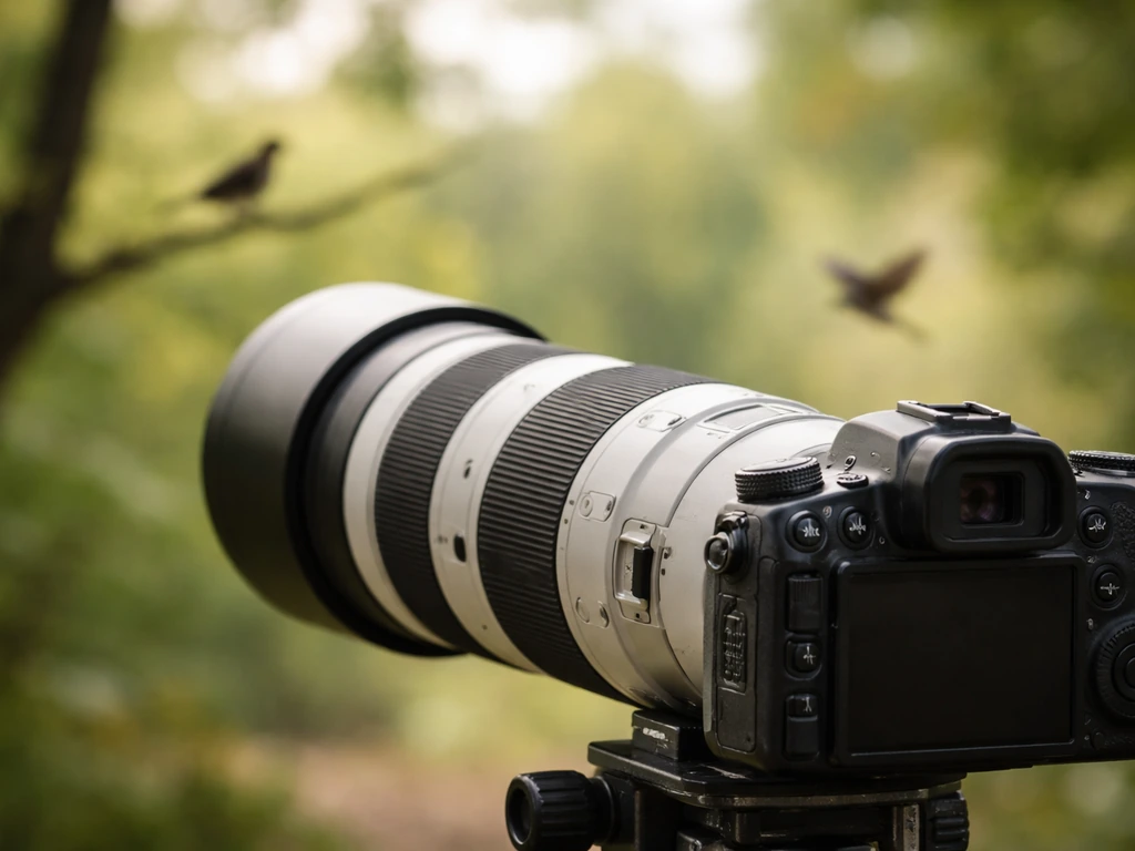 Telephoto lens on a camera in the foreground with blurred birds in the background, hinting at shutter speed needs.