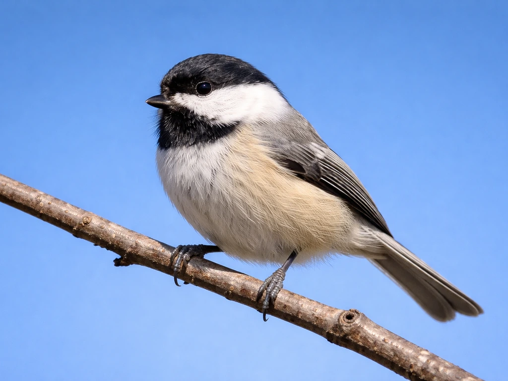 A small songbird perched against a bright sky, with the bird sharply exposed
