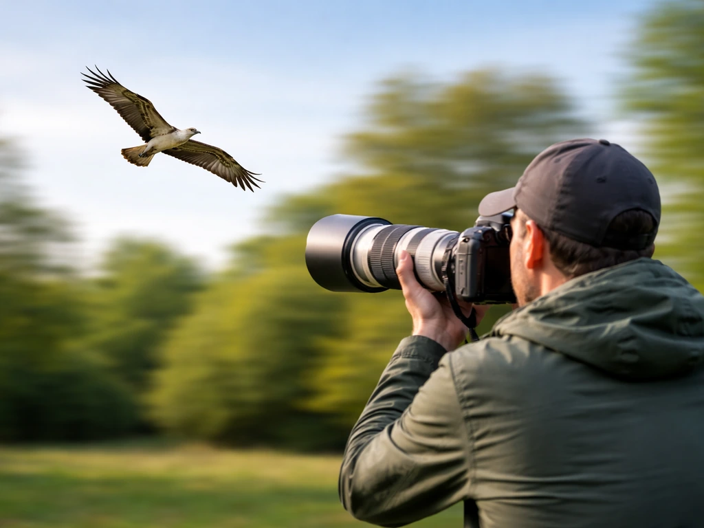 Photographer panning with a telephoto lens as a bird in flight stays sharp against a blurred background.
