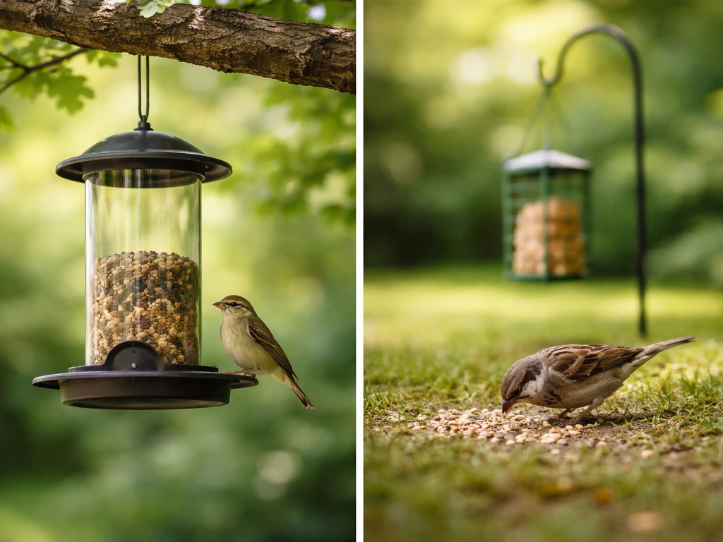 Small songbird perched on a backyard feeder at a comfortable distance, with calm birds in the background