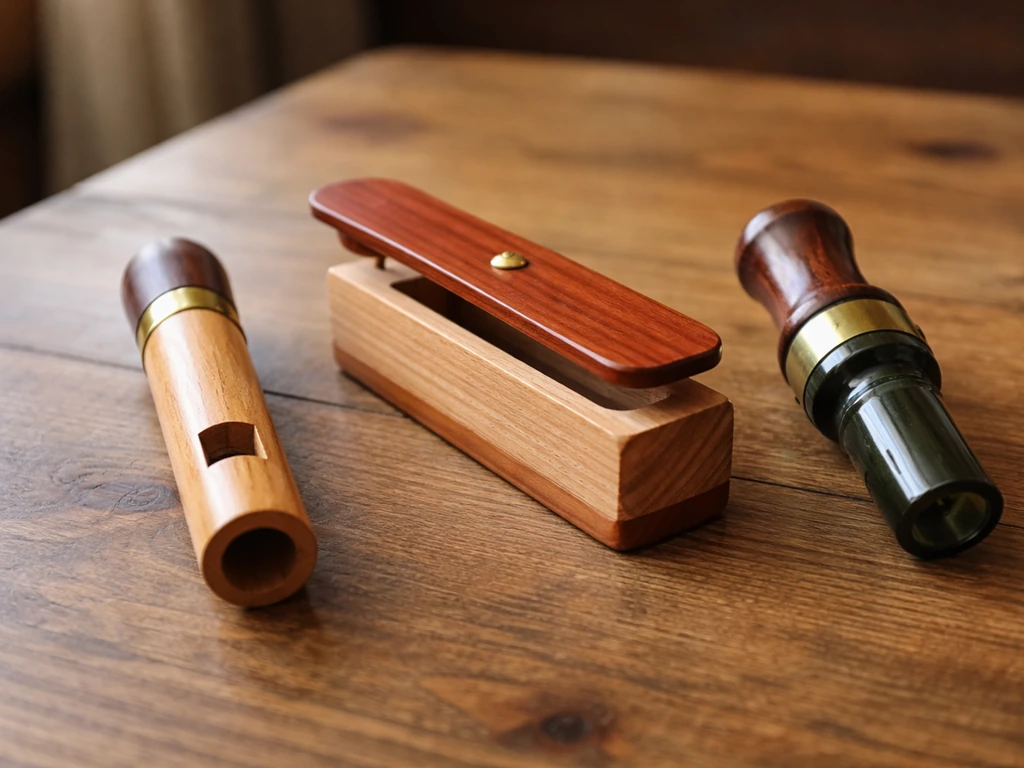 Three wooden bird call tools—whistle/tube, box friction, and short-reed duck call—laid side by side.