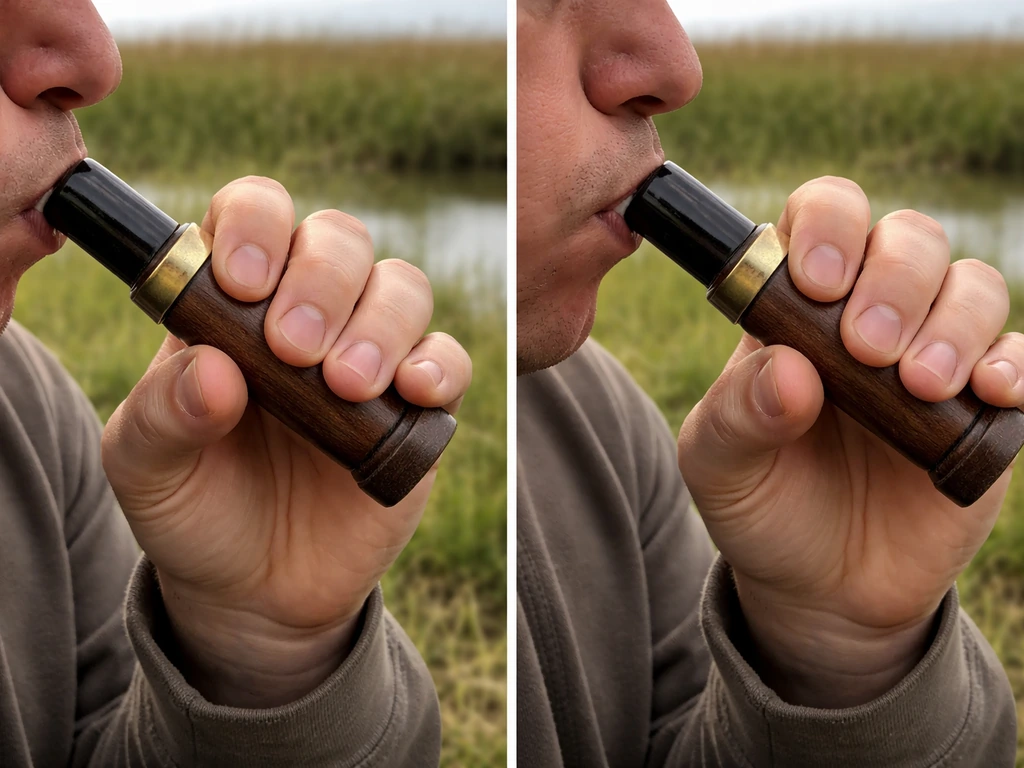 Two hands practicing short-reed wooden duck call: one incorrect cheek puff, one correct controlled blow.