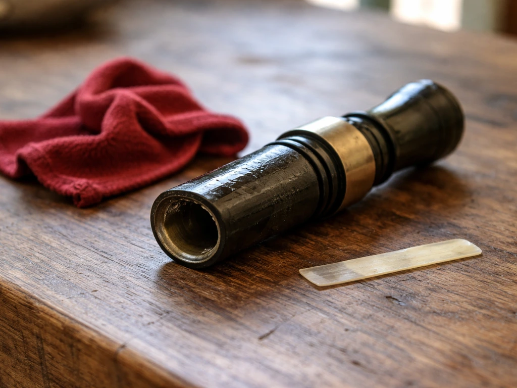 Close-up of a beginner hunting call on a wooden bench with tools nearby, showing simple sound troubleshooting cues.