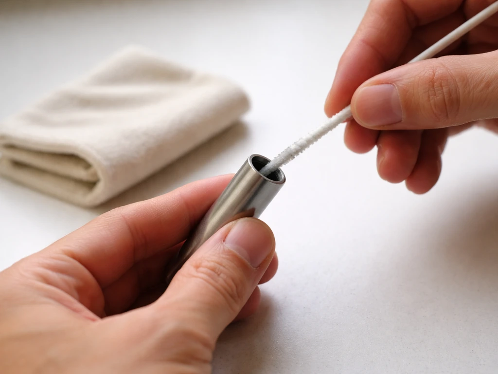 Dry cotton swab and pipe cleaner cleaning a small tube, with a dry cloth wiping the exterior